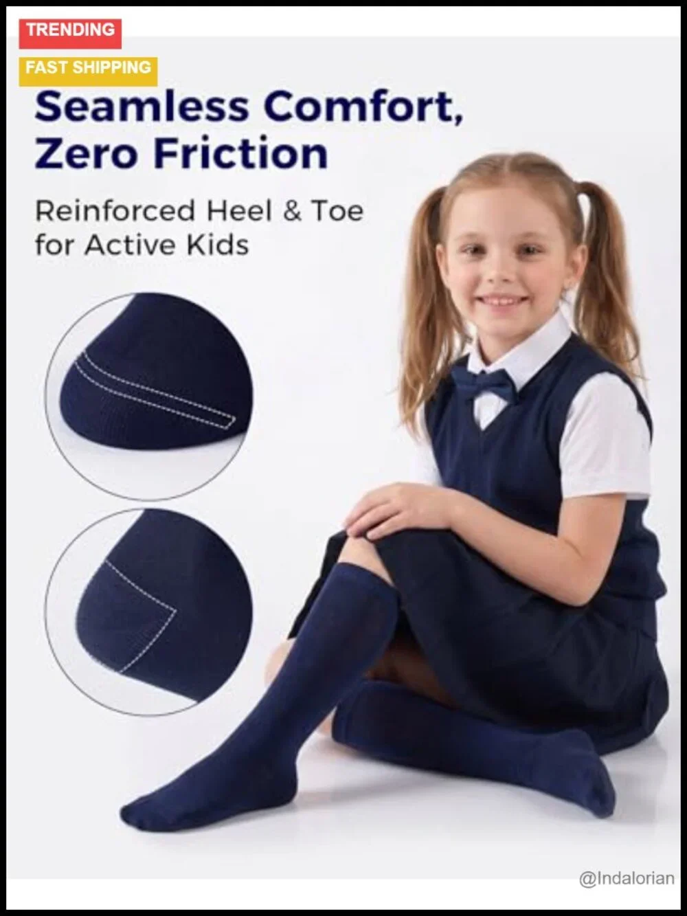 Girls Knee High Socks 4 Pairs Seamless Toe Cotton Uniform Socks